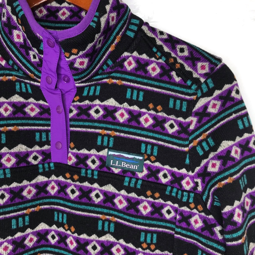 L.L.Bean Women's Medium Purple Aztec T Snap Pockets Pullover Sweater Fleece - Picture 2 of 6